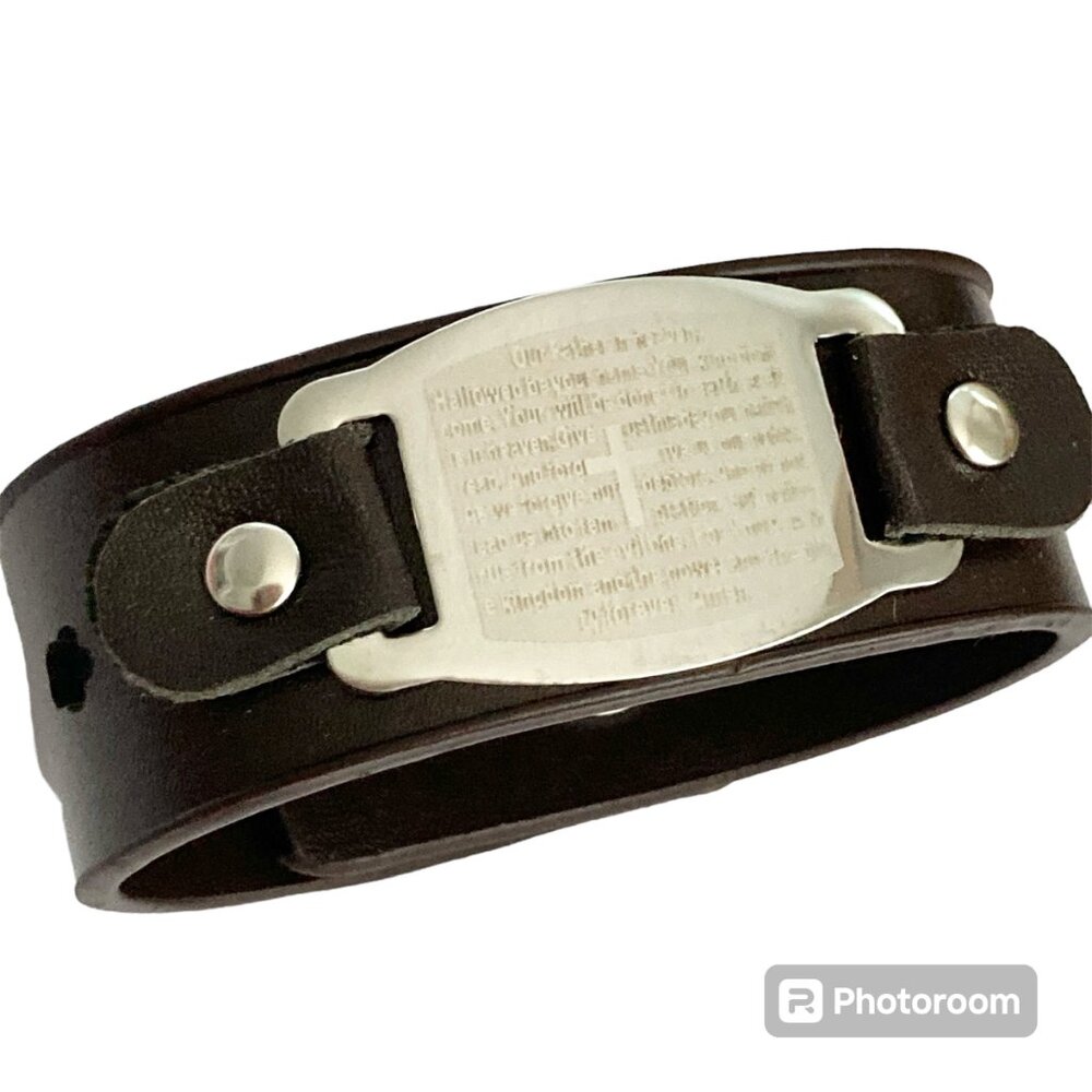 Vintage The Lords Prayer Bracelet Leatherette Brown Mens Womens Teen 7.5" Y2K